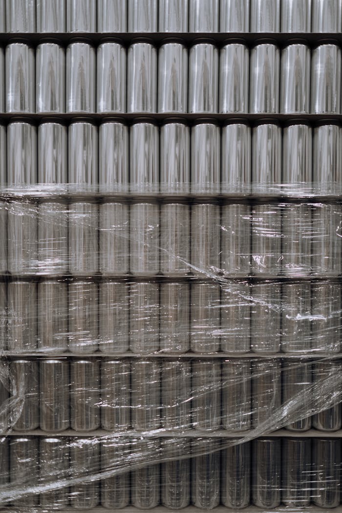 Vertical shot of stacked aluminum cans wrapped in plastic, showcasing industrial packaging.